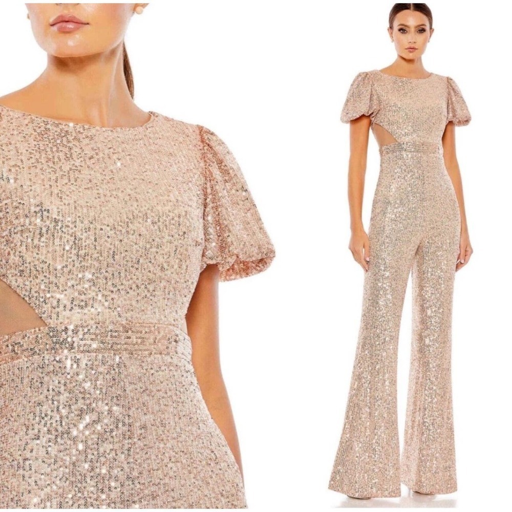 Mac Duggal Ieena Sz 4 Short Sleeve Rose Gold Sequined Evening Jumpsuit $398 NWT